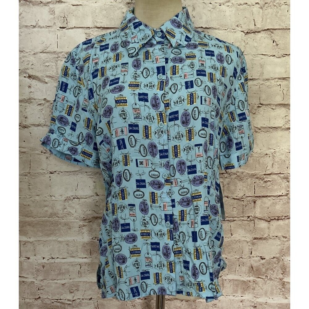 Vintage Liz Claiborne 8 Short Sleeve Button Up Shirt City Names Getaway Travel